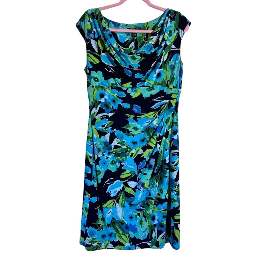 Ralph Lauren Green Blue Floral Ruched Mini Dress Womens 14 Sheath Preppy Classic